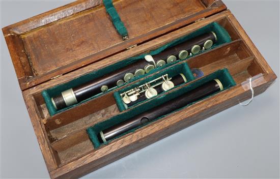 An ebony and nickel mounted flute, stamped A.N. Langlois in an oak case